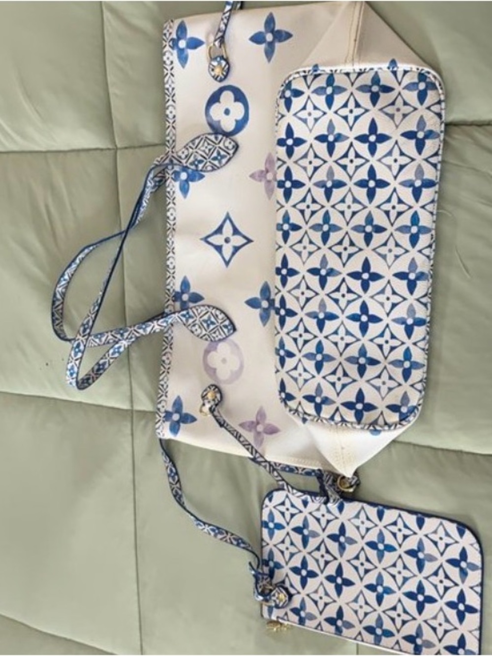 Faux Designer White and Blue Monogram Tote with Matching Pouches